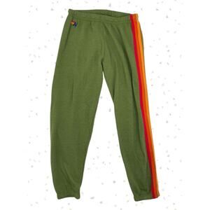 Aviator Nation Olive Jungle Army Green 6 Stripe Rainbow Jogger Sweatpant Size XL